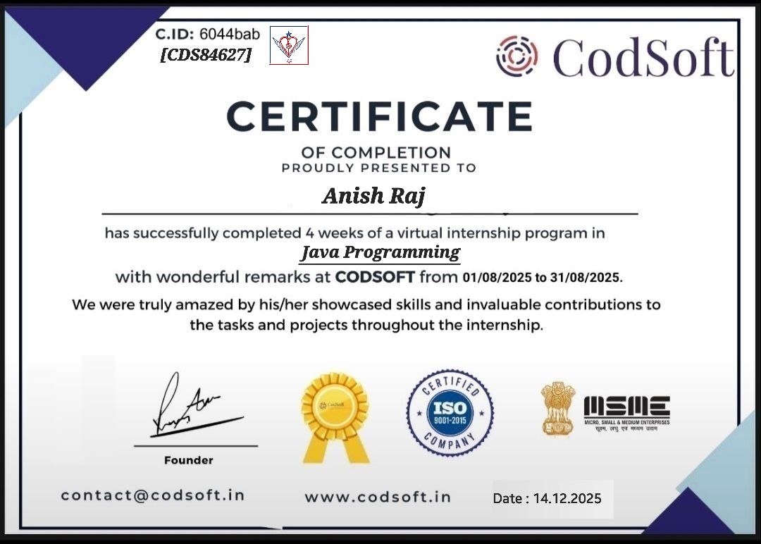 CodSoft Internship Certificate