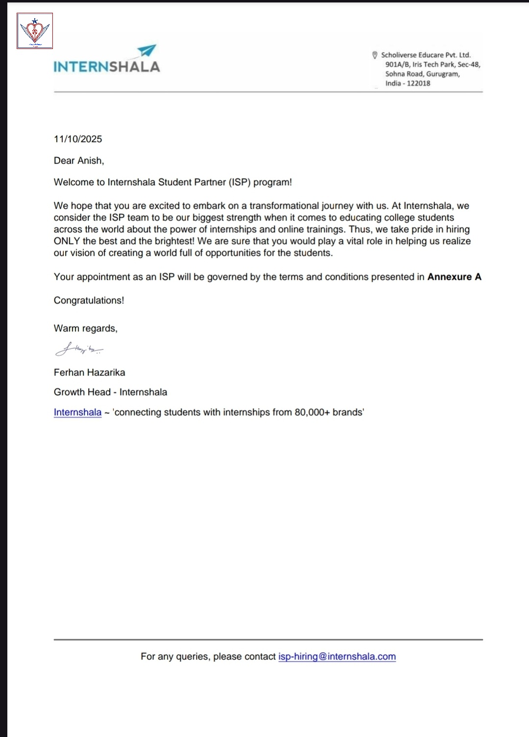 Internshala Leadership Certificate